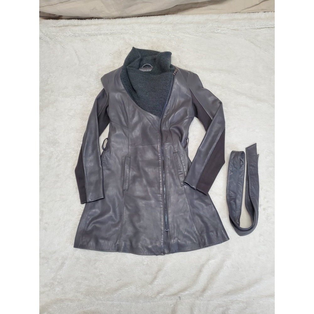 Elie Tahari Gray Leather Knit Wool Sweater Long Jacket Coat XS Classic Luxury
